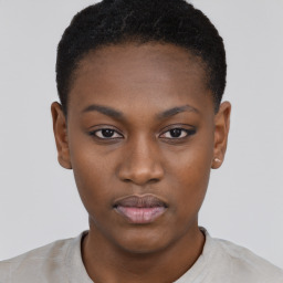 Neutral black young-adult female with short  black hair and brown eyes