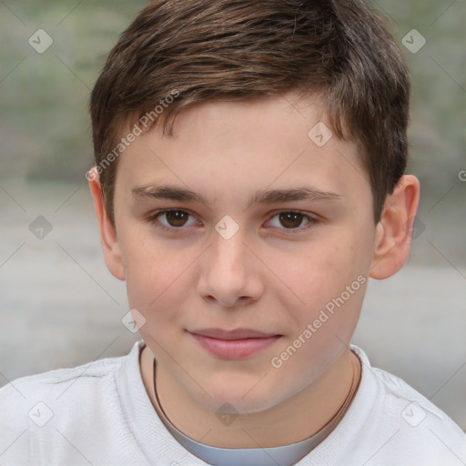 Joyful white child male with short  brown hair and brown eyes