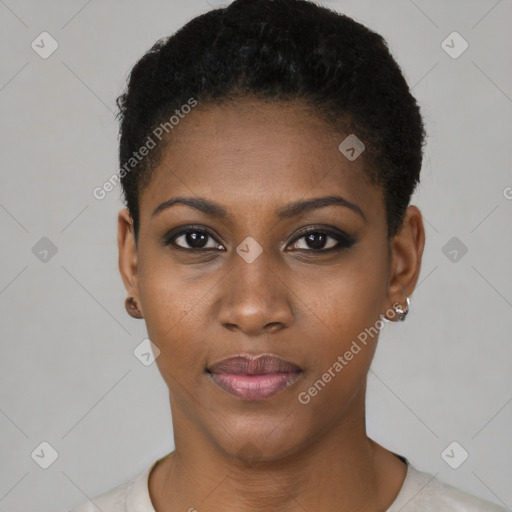 Neutral black young-adult female with short  brown hair and brown eyes