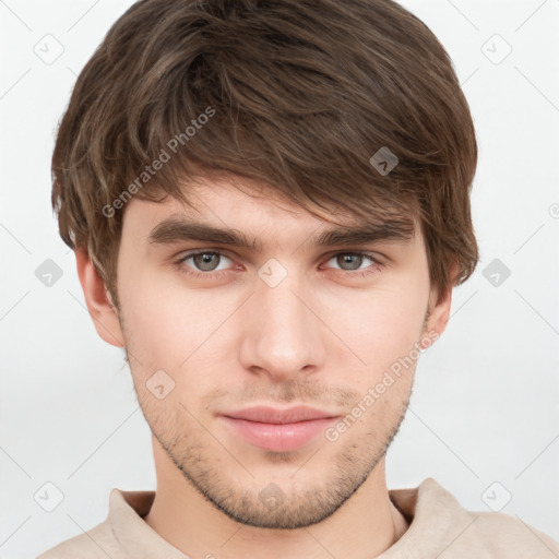 Neutral white young-adult male with short  brown hair and grey eyes