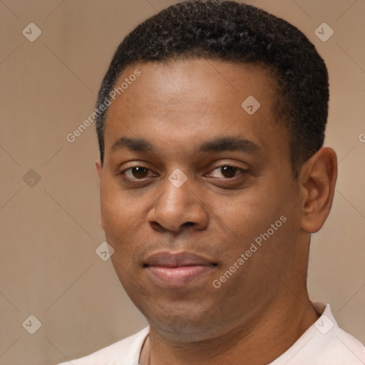 Neutral black young-adult male with short  black hair and brown eyes