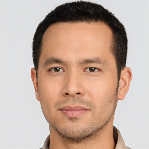 Neutral asian young-adult male with short  black hair and brown eyes