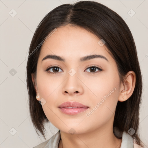 Neutral white young-adult female with medium  brown hair and brown eyes