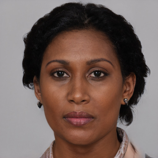 Neutral black adult female with short  brown hair and brown eyes