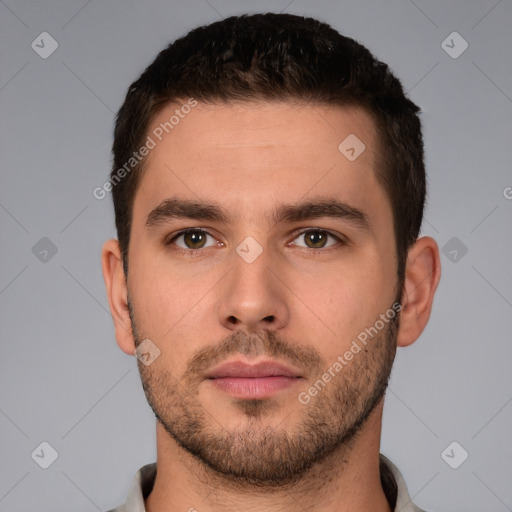 Neutral white young-adult male with short  brown hair and brown eyes