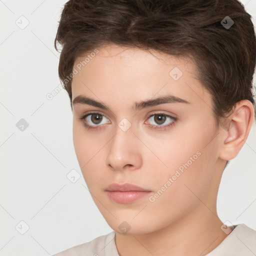 Neutral white young-adult female with short  brown hair and brown eyes