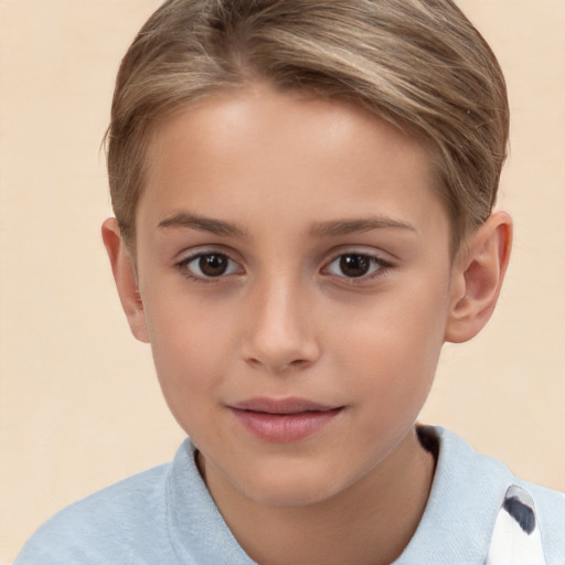 Joyful white child female with short  brown hair and brown eyes