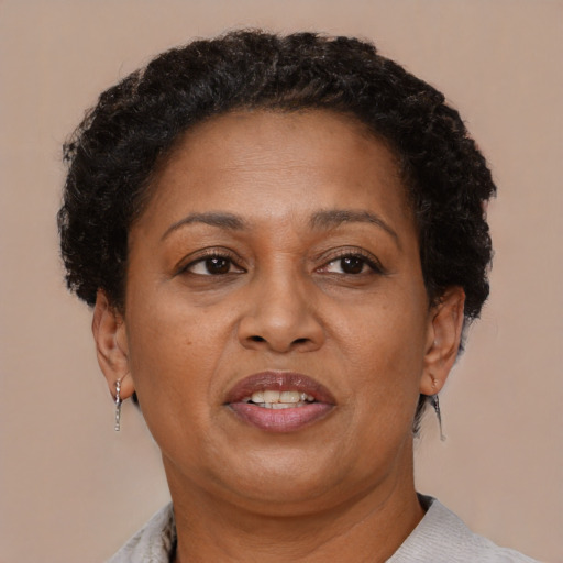 Joyful black adult female with short  brown hair and brown eyes