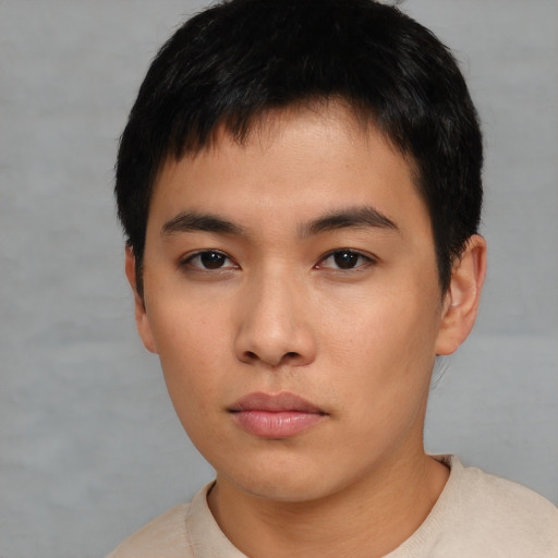 Neutral asian young-adult male with short  black hair and brown eyes