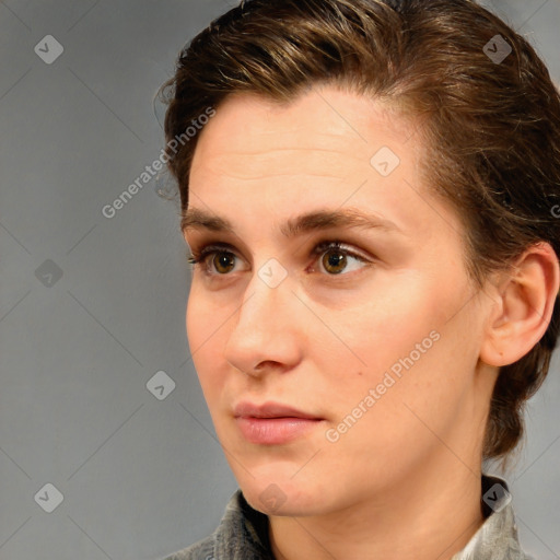 Neutral white young-adult female with medium  brown hair and blue eyes