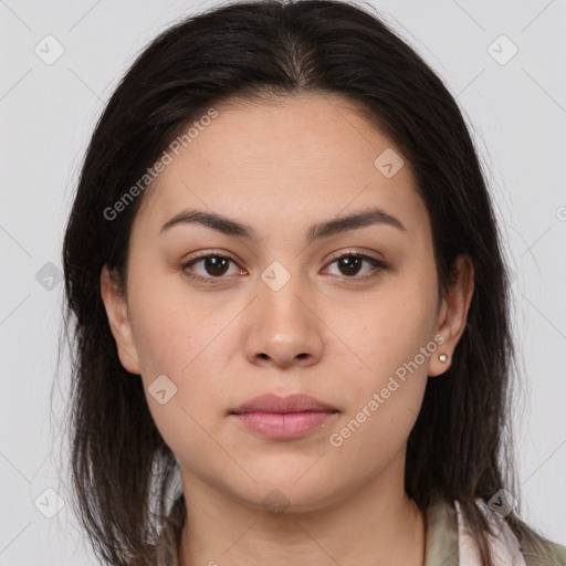 Neutral white young-adult female with medium  brown hair and brown eyes