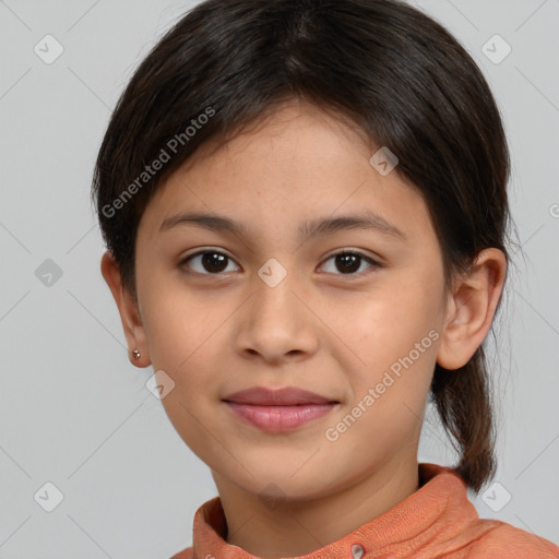 Joyful white child female with medium  brown hair and brown eyes