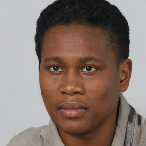Joyful black young-adult male with short  brown hair and brown eyes
