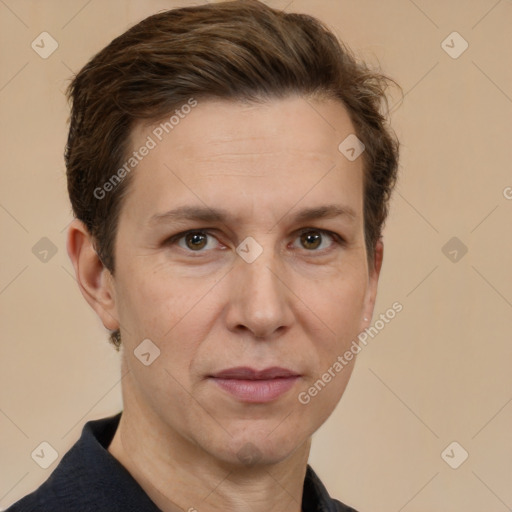 Joyful white adult female with short  brown hair and grey eyes