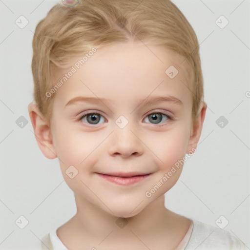 Joyful white child female with short  brown hair and brown eyes