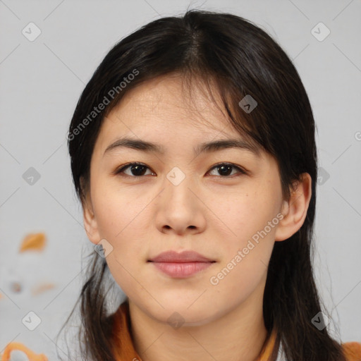 Neutral asian young-adult female with medium  brown hair and brown eyes