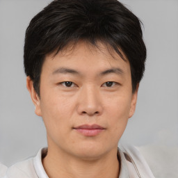 Neutral asian young-adult male with short  brown hair and brown eyes