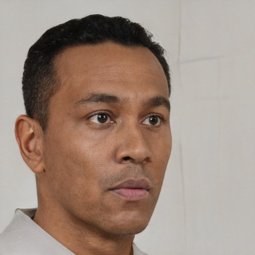 Neutral black adult male with short  brown hair and brown eyes
