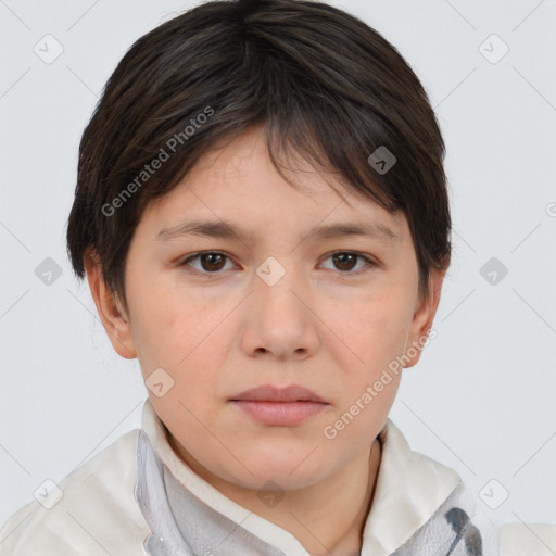 Neutral white young-adult female with short  brown hair and brown eyes