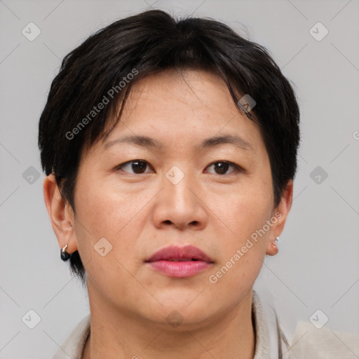 Neutral asian adult female with short  brown hair and brown eyes