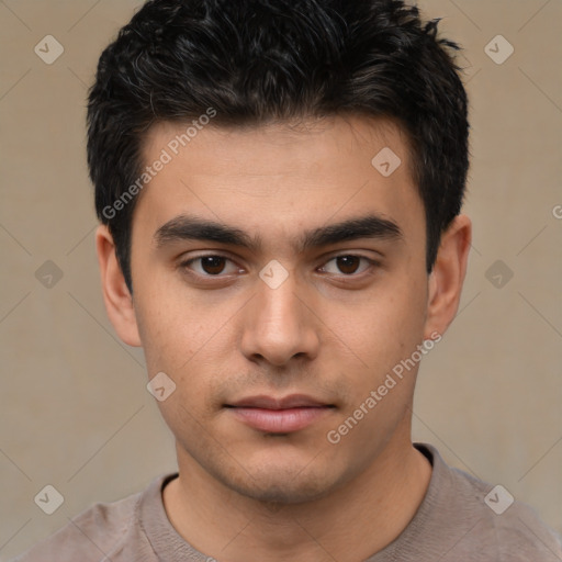 Neutral white young-adult male with short  black hair and brown eyes
