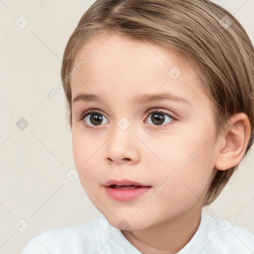 Joyful white child female with medium  brown hair and brown eyes