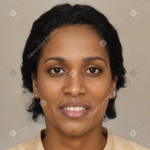 Joyful black young-adult female with medium  brown hair and brown eyes