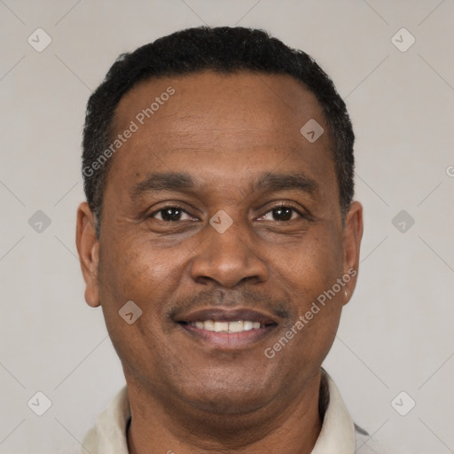 Joyful black adult male with short  brown hair and brown eyes