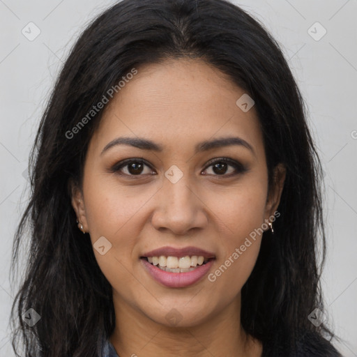 Joyful latino young-adult female with long  brown hair and brown eyes