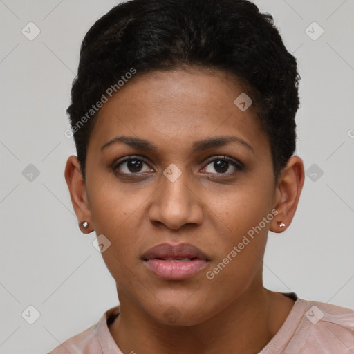 Joyful black young-adult female with short  brown hair and brown eyes