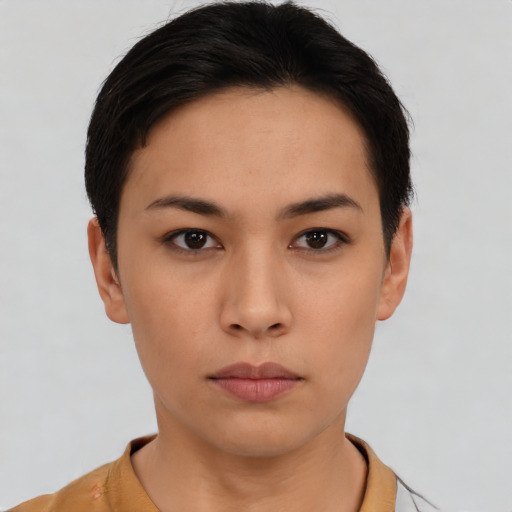 Neutral asian young-adult female with short  black hair and brown eyes