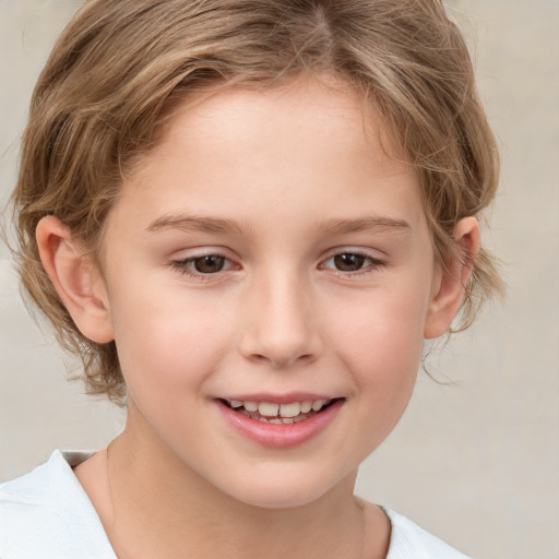 Joyful white child female with medium  brown hair and brown eyes