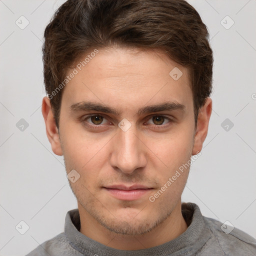 Neutral white young-adult male with short  brown hair and brown eyes