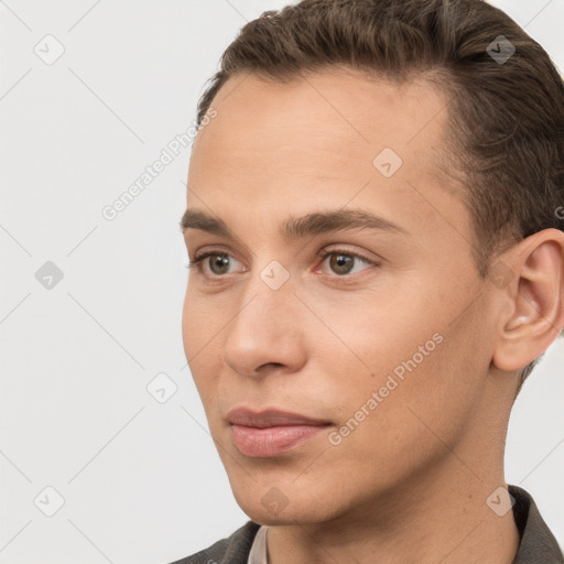 Neutral white young-adult male with short  brown hair and brown eyes