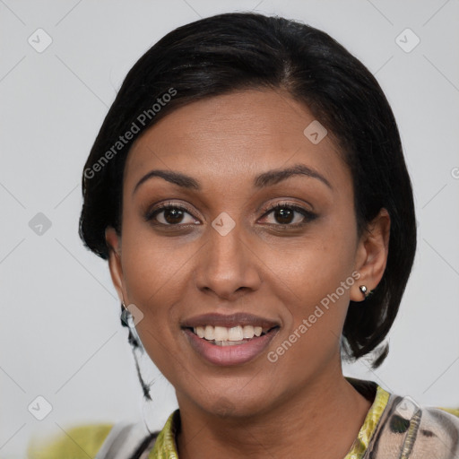 Joyful asian young-adult female with medium  black hair and brown eyes