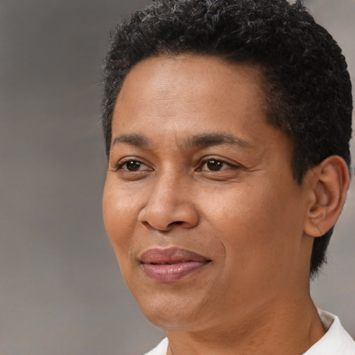 Joyful latino adult male with short  black hair and brown eyes