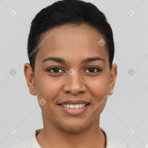 Joyful latino young-adult female with short  brown hair and brown eyes