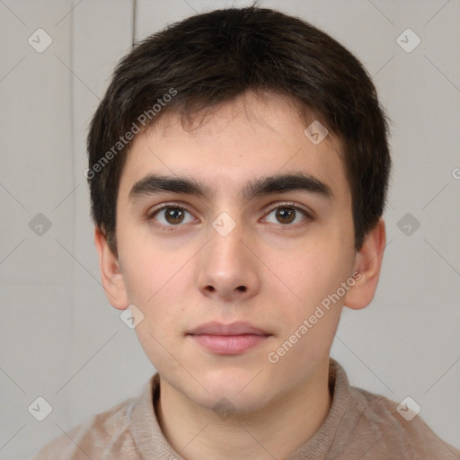 Neutral white young-adult male with short  brown hair and brown eyes