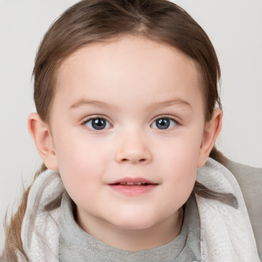 Joyful white child female with medium  brown hair and blue eyes