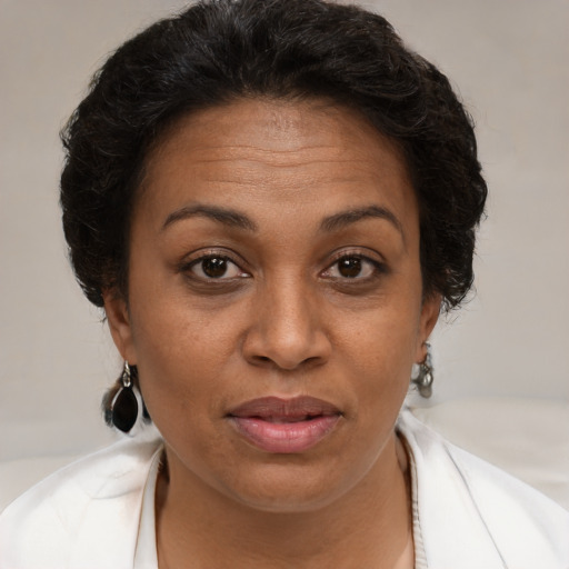 Joyful black adult female with medium  brown hair and brown eyes