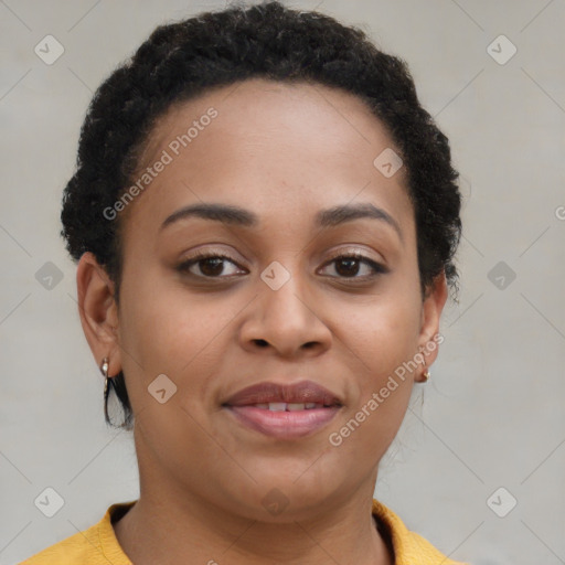 Joyful latino young-adult female with short  brown hair and brown eyes