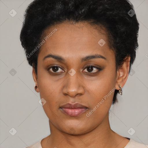 Neutral black young-adult female with short  black hair and brown eyes
