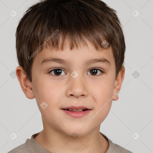 Joyful white child male with short  brown hair and brown eyes