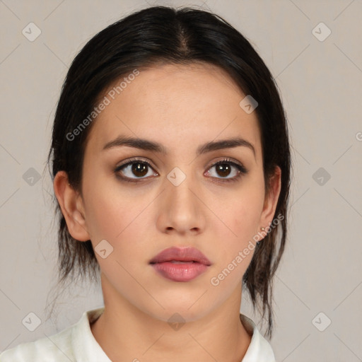 Neutral white young-adult female with medium  brown hair and brown eyes