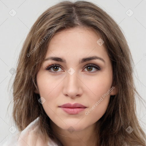 Neutral white young-adult female with long  brown hair and brown eyes