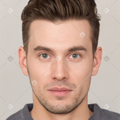 Neutral white young-adult male with short  brown hair and brown eyes