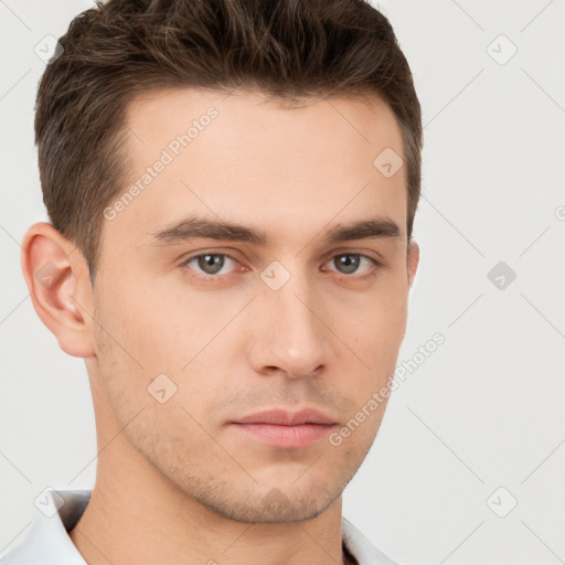 Neutral white young-adult male with short  brown hair and brown eyes