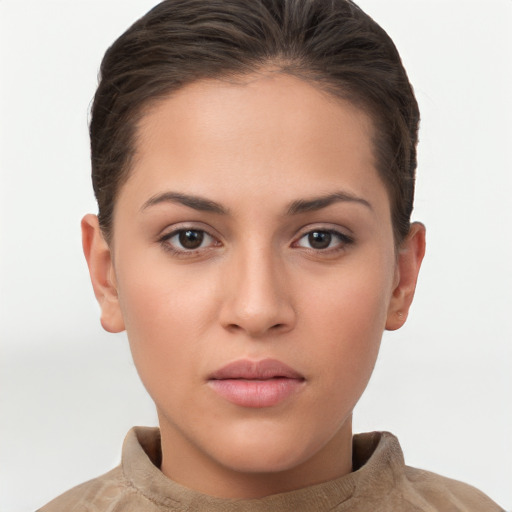 Neutral white young-adult female with short  brown hair and brown eyes