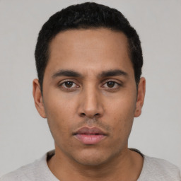 Neutral latino young-adult male with short  black hair and brown eyes