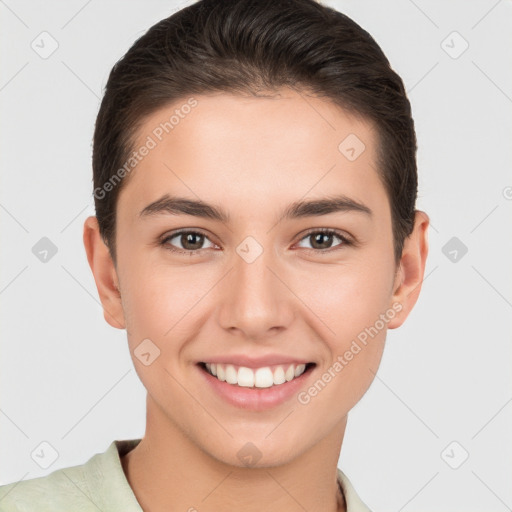 Joyful white young-adult female with short  brown hair and brown eyes